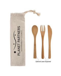 Branded 3 Piece Bamboo Utensil Set In Travel Pouch