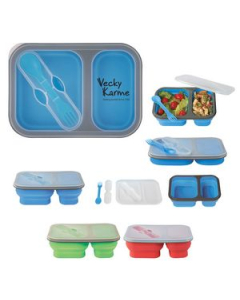 Promotional Collapsible 2 Section Food Container With Dual Utensil