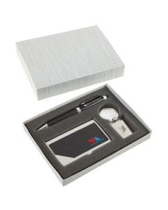 Branded Carbon Fiber Pen, Business Card Case and Chrome Keyring Set
