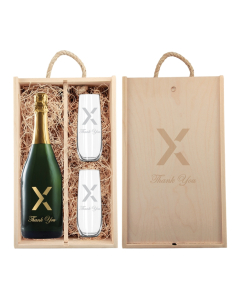 Branded Rustic Laser Engraved Wood Box with Custom Etched Champagne and Flutes